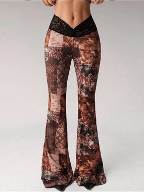 High-Waist Patchwork Flare Pants - Brown